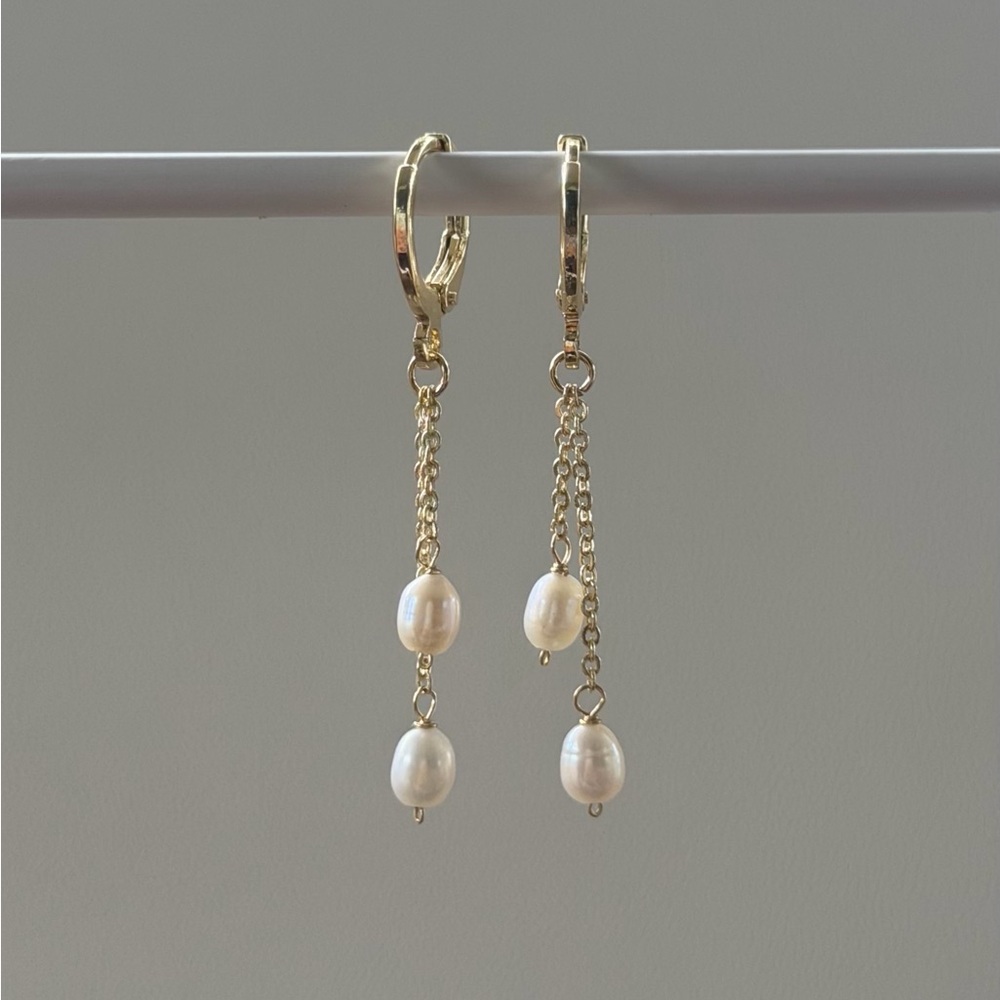 Double White Fresh Water Pearl Drop Earrings